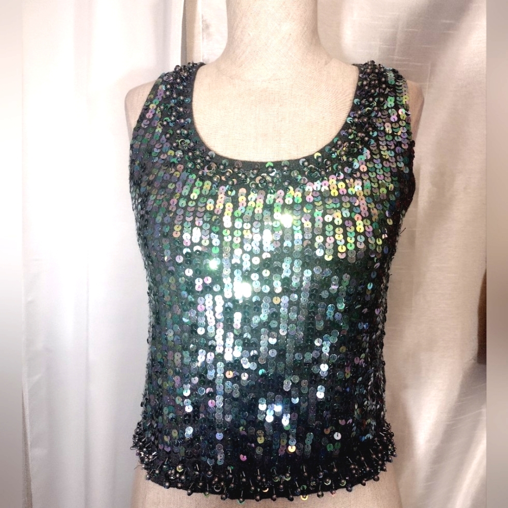 XXI Angora Sequin Crop Gray Tank Top & Green Sequin, Black rhinestone, Pearls, S